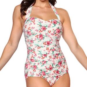 Bettie Page Floral One Piece Swimsuit - Pink and Green
